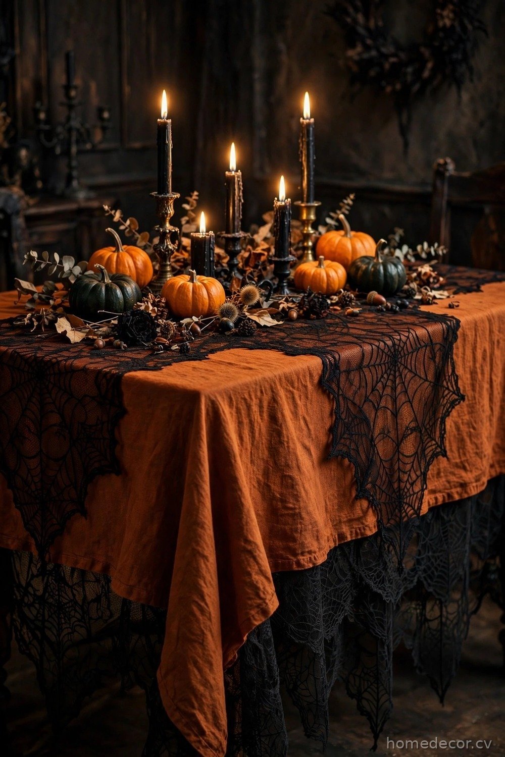Black Lace Table Runner Over Deep Orange