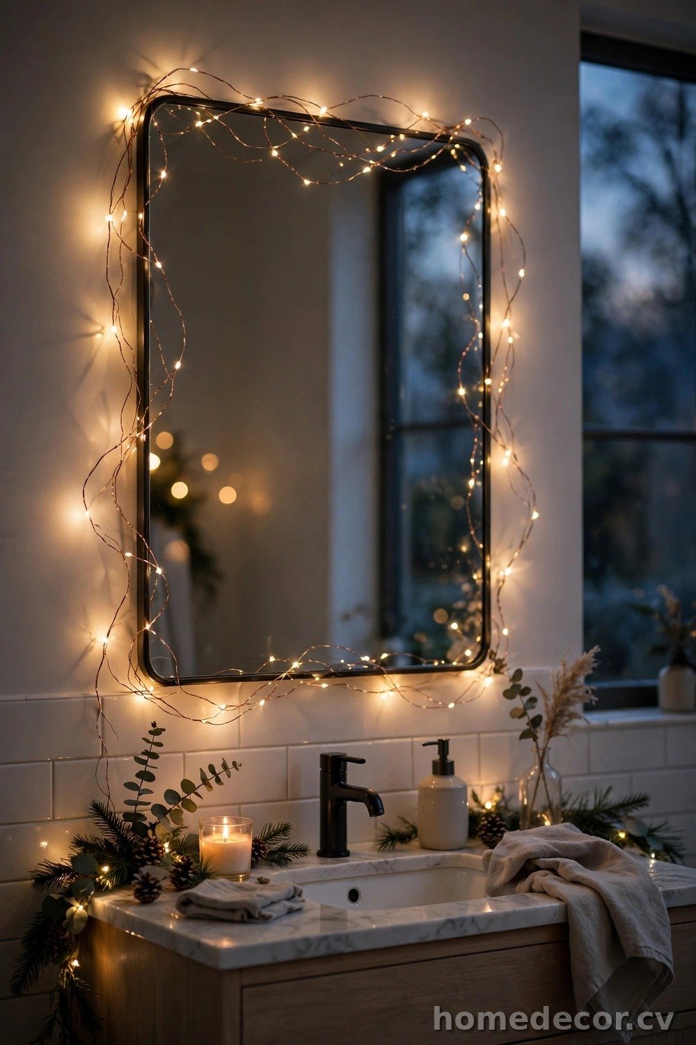 Christmas Lights Around the Mirror or Shelf