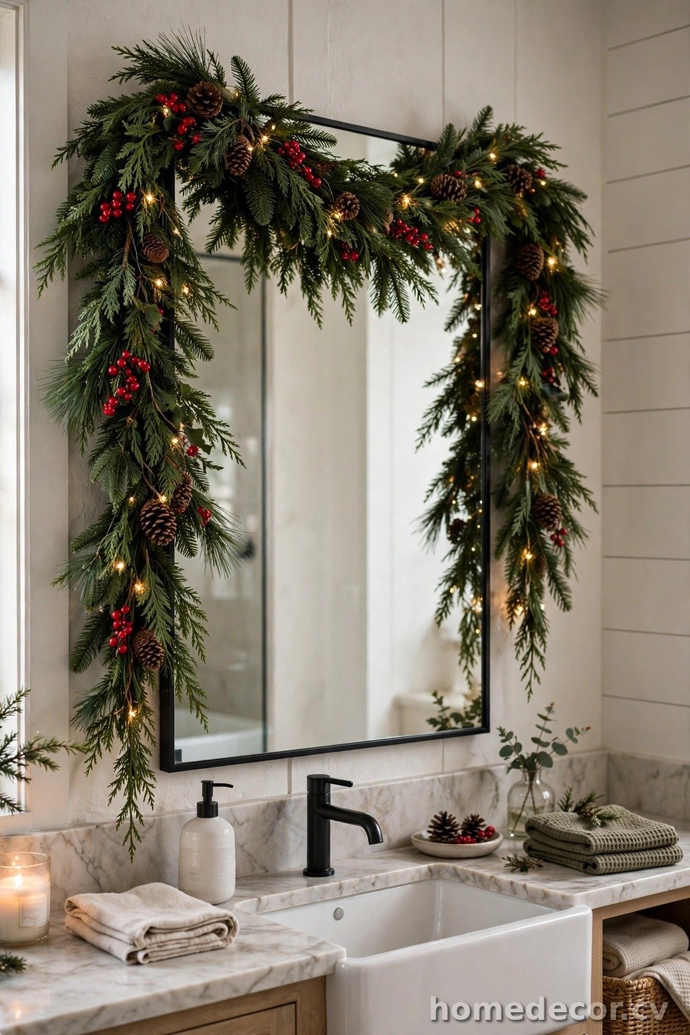Evergreen Garland on the Mirror