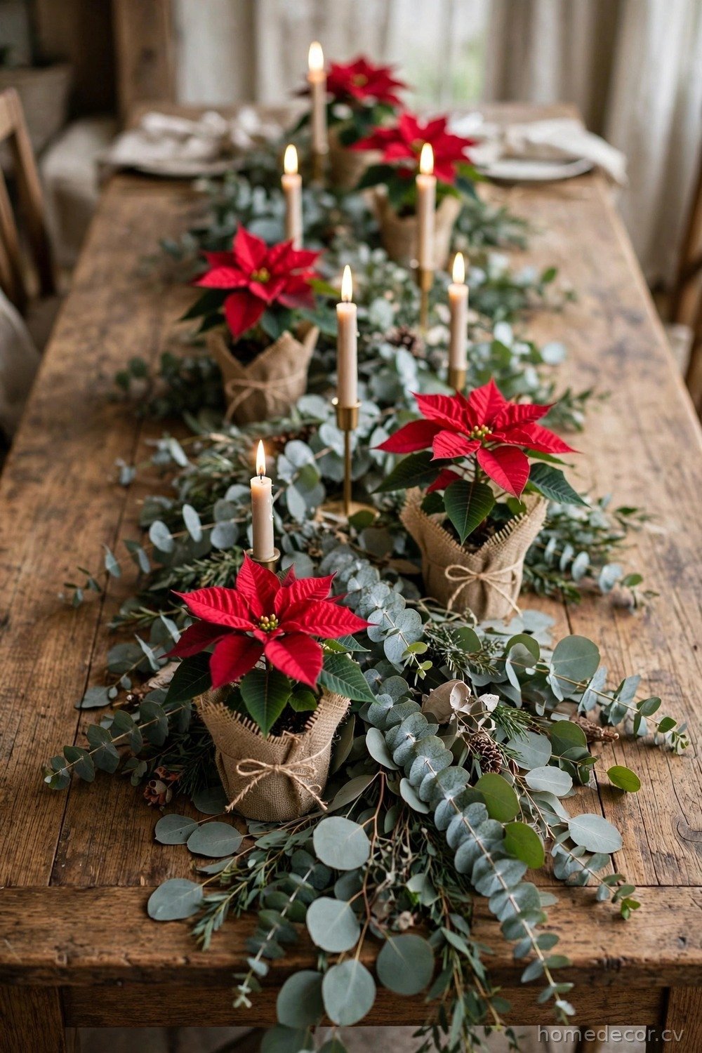 Poinsettia and Eucalyptus Runner