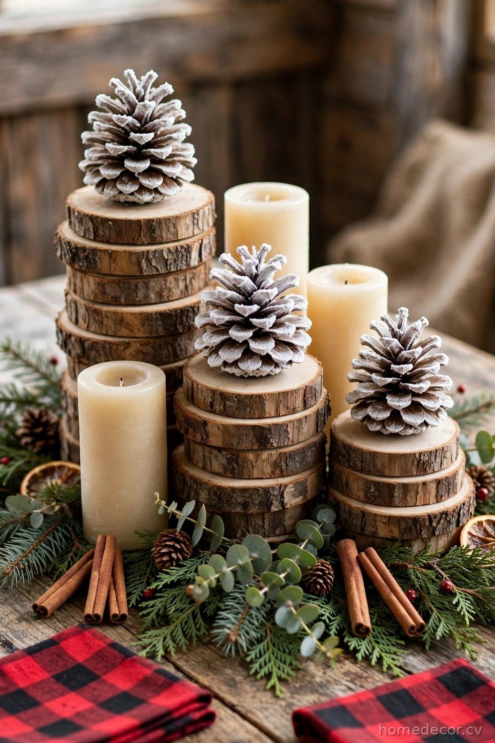 Wood Slice and Pinecone Cluster