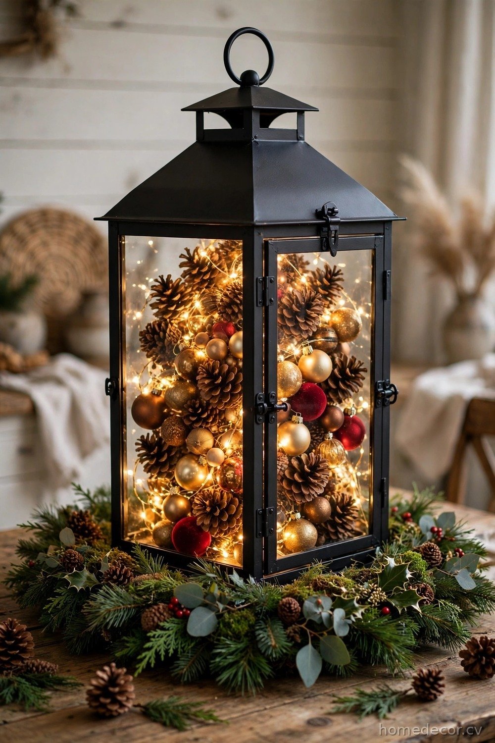 Lantern with Fairy Lights and Greenery