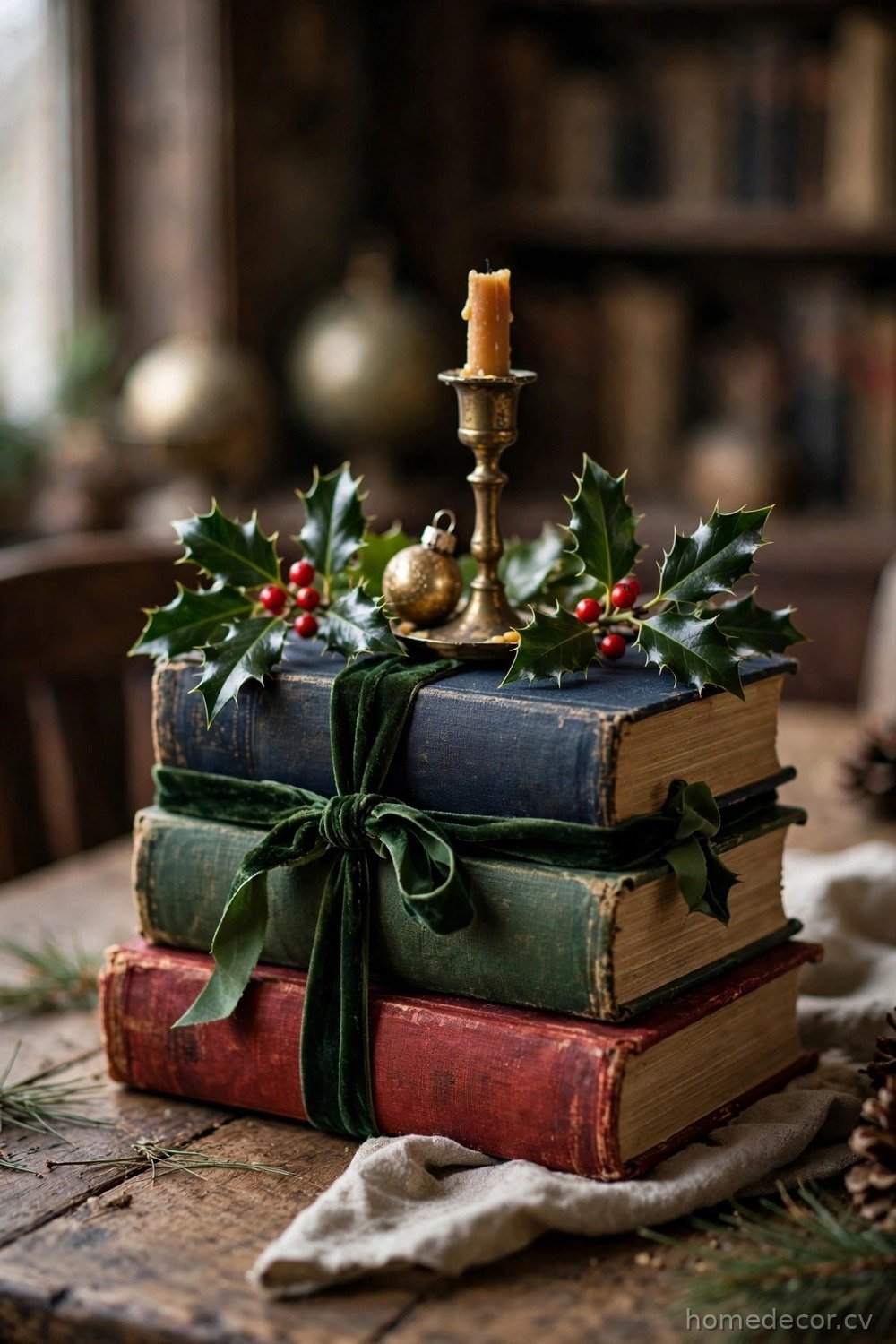 Vintage Book Stack with Holly