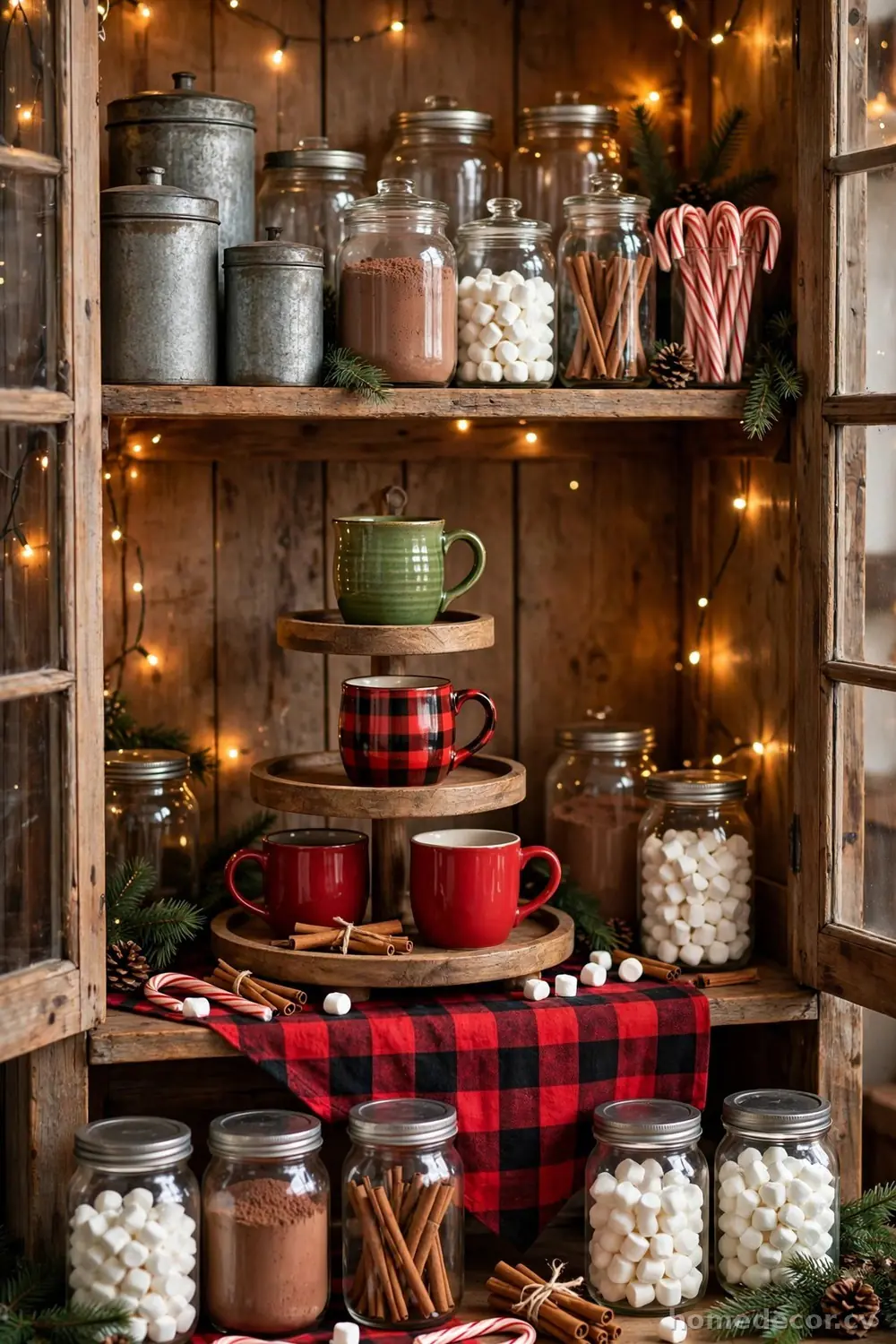 Hot Cocoa Bar in a Rustic Hutch