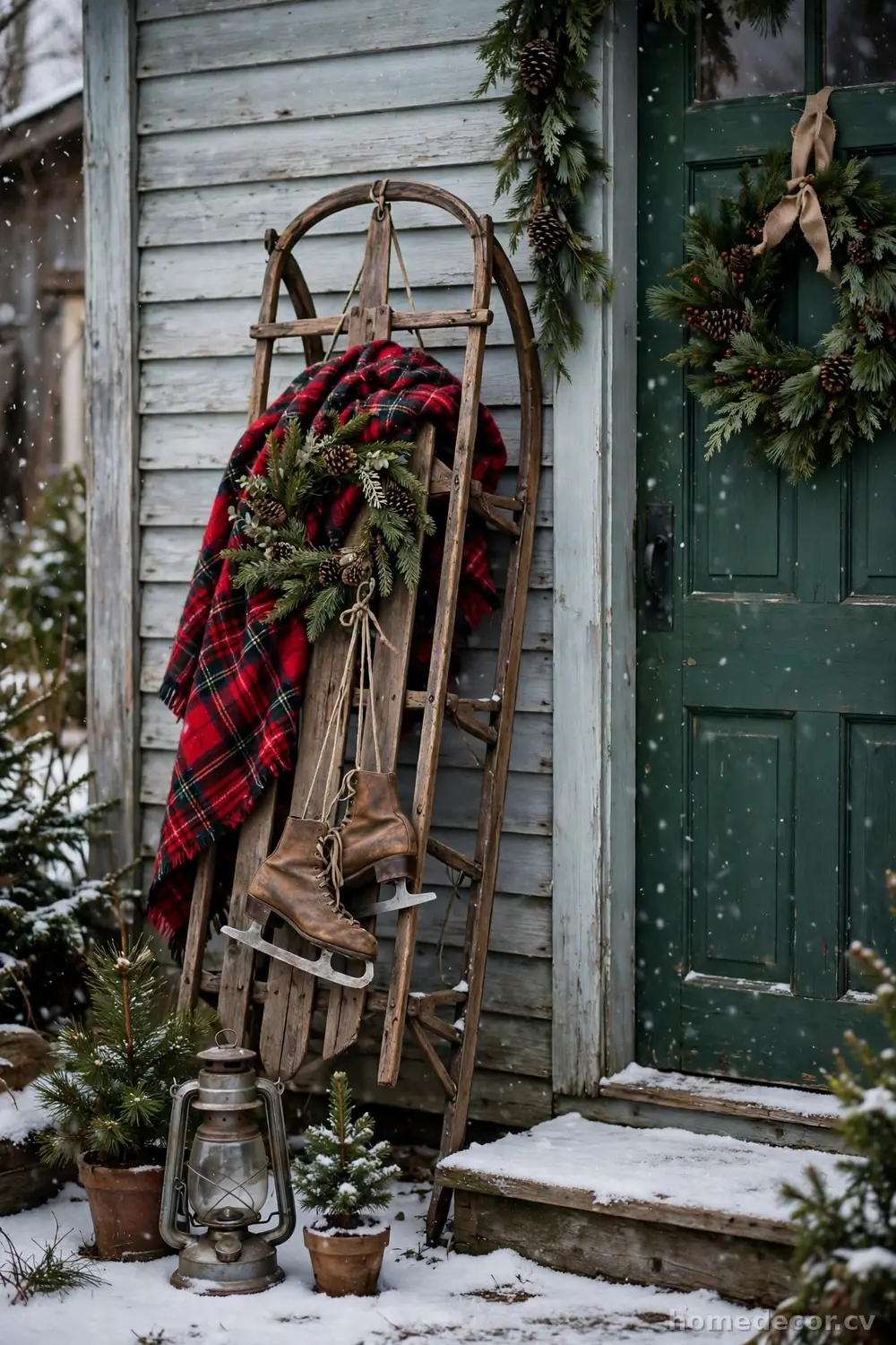 Vintage Sled and Ice Skates by the Door