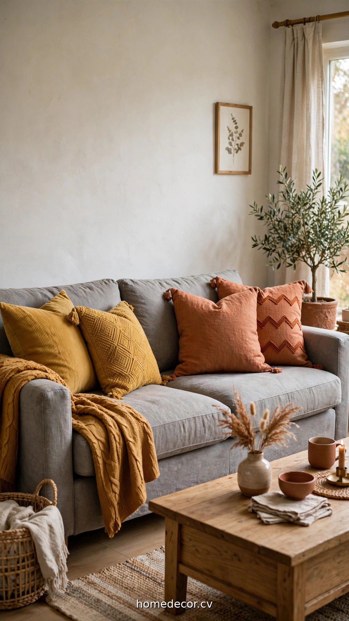 Grey couch with mustard and terracotta pillows showing pillow ideas for grey couch