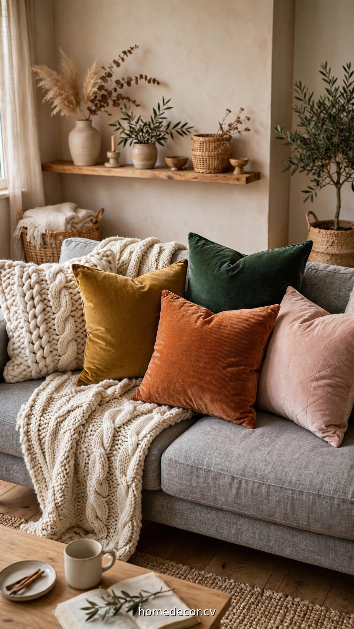 Chunky knit and velvet pillows on a grey couch showing pillow ideas for grey couch texture
