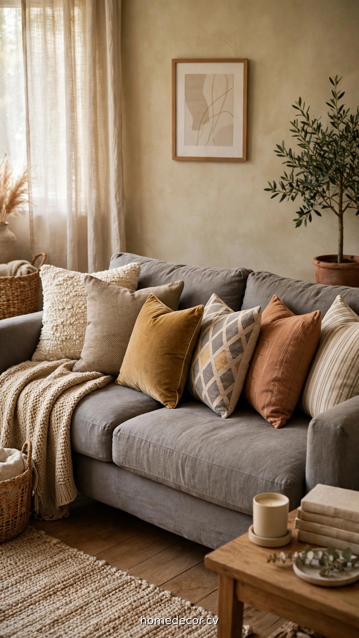 Designer pillow arrangement on a grey couch showing pillow ideas for grey couch styling