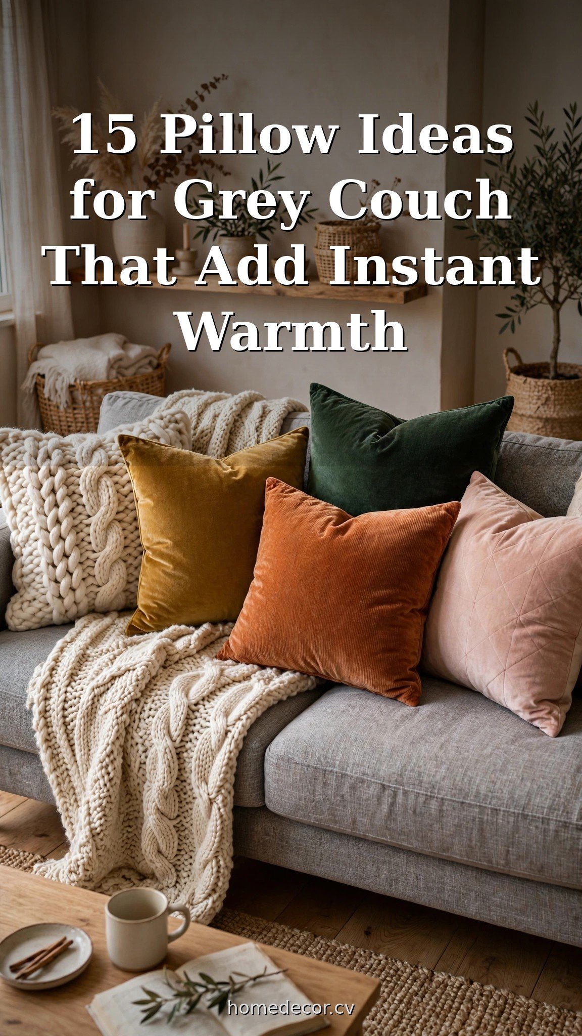Pinterest pin: 15 Pillow Ideas for Grey Couch That Add Instant Warmth