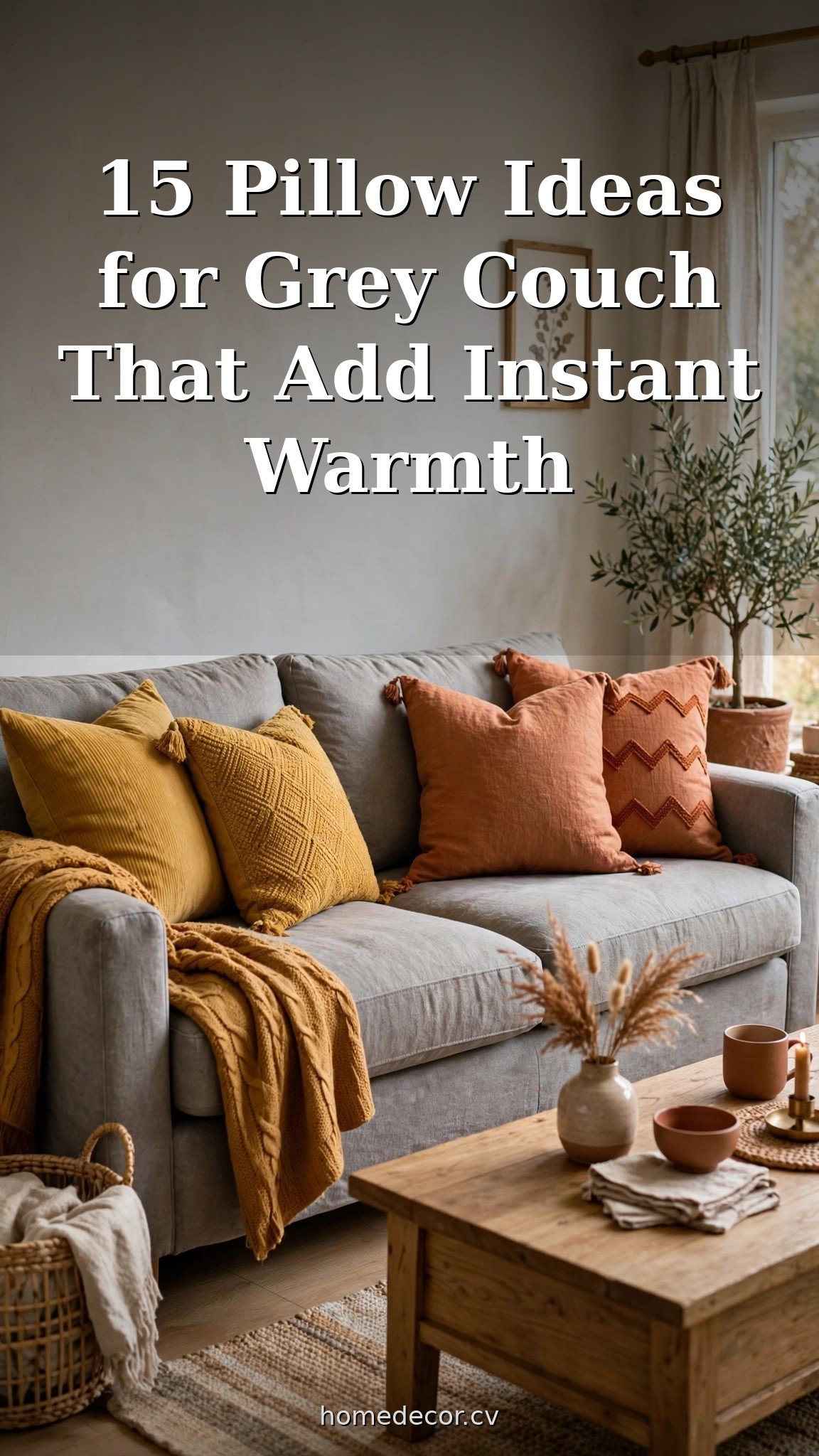 Pinterest pin: 15 Pillow Ideas for Grey Couch That Add Instant Warmth