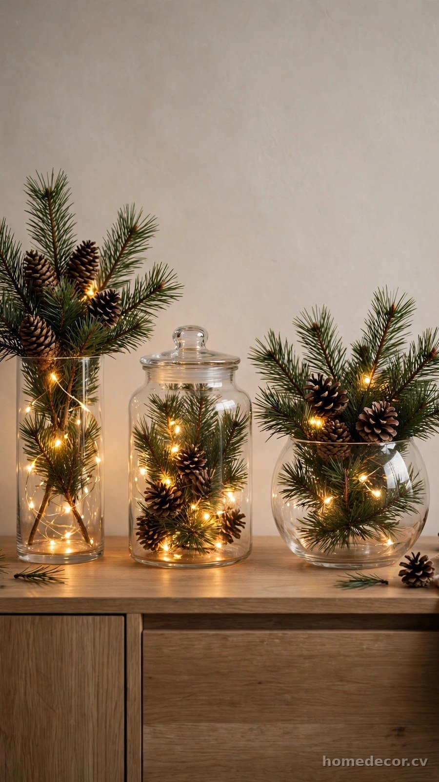 Fill Clear Glass Vases with Pine and Fairy Lights
