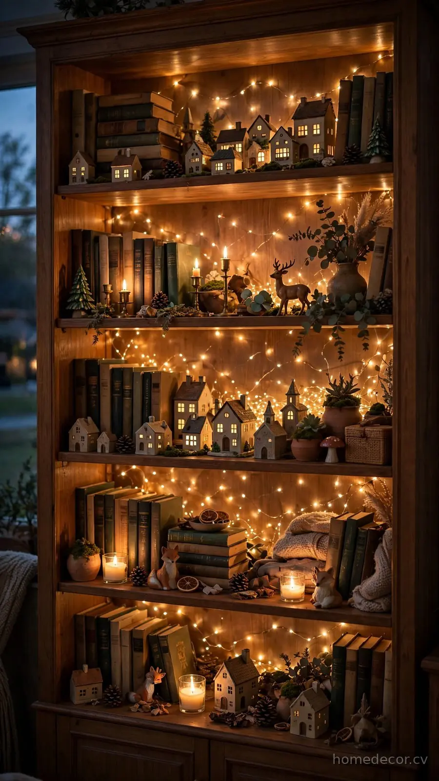 Weave Fairy Lights Through the Whole Shelf