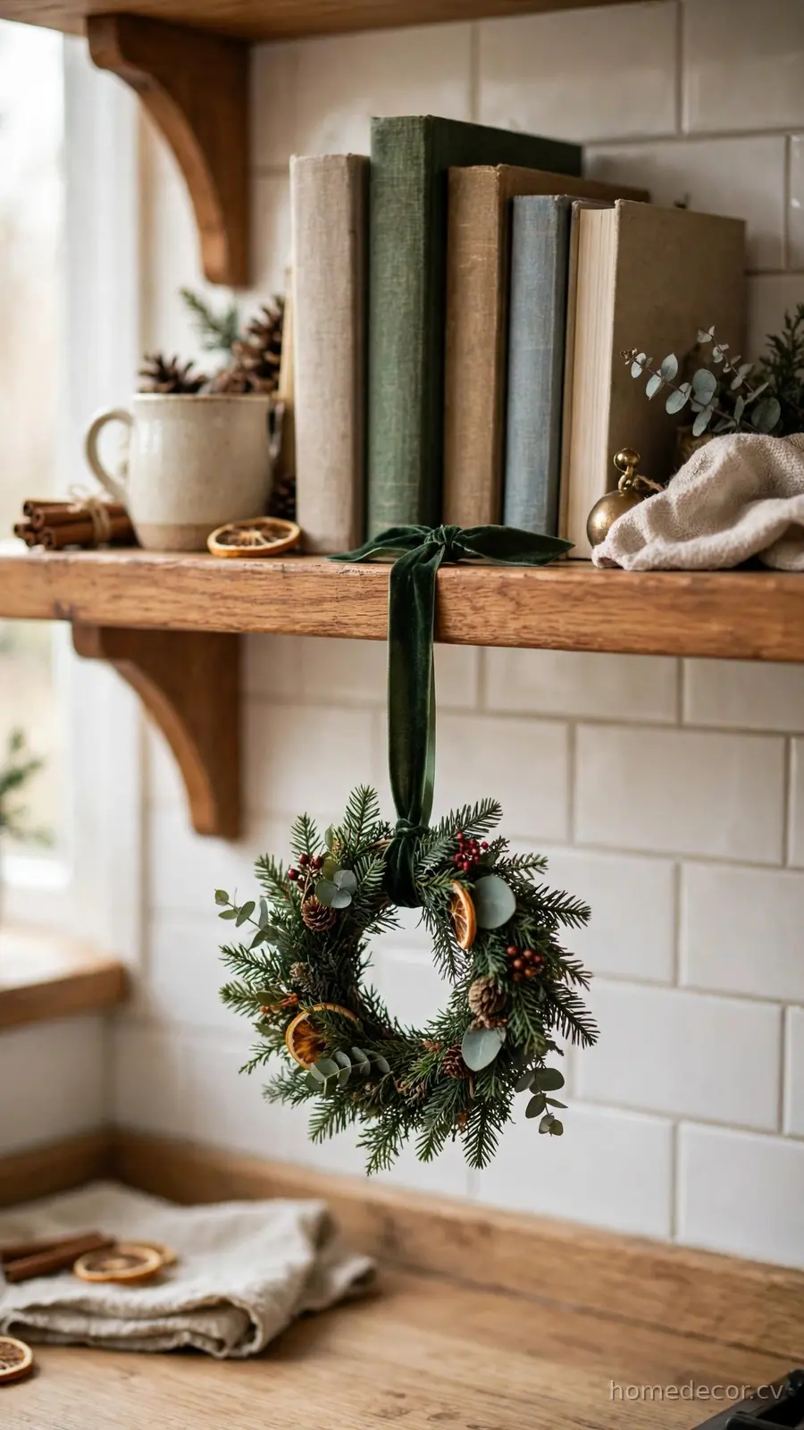 Hang a Mini Wreath from the Shelf Front