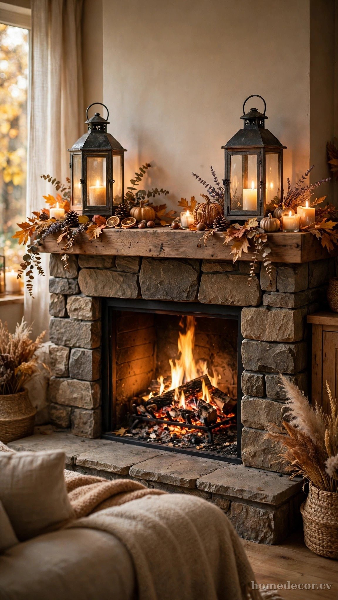 Flank the Fireplace With Lanterns and Candlelight