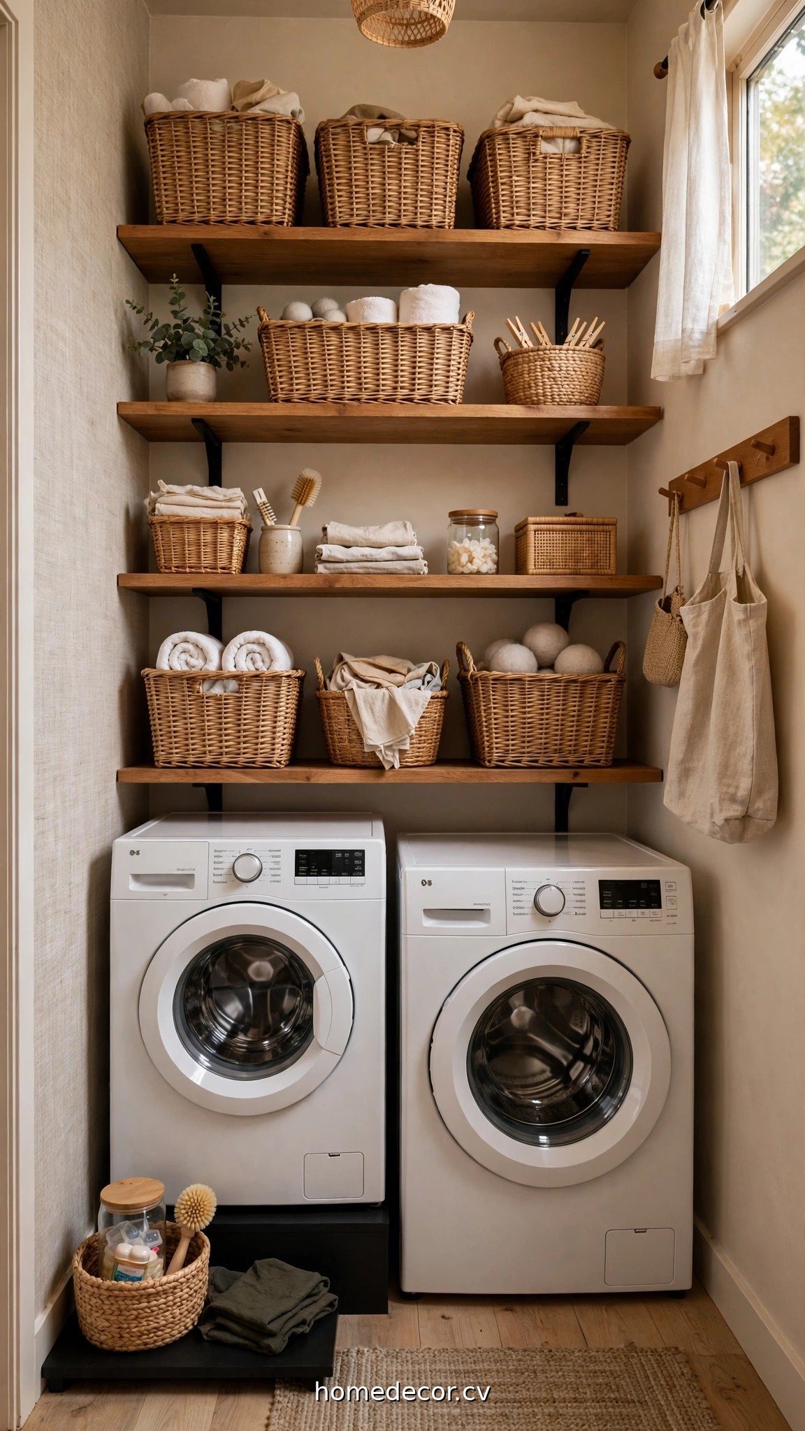 Shelves and baskets above machines showing laundry room ideas for small spaces