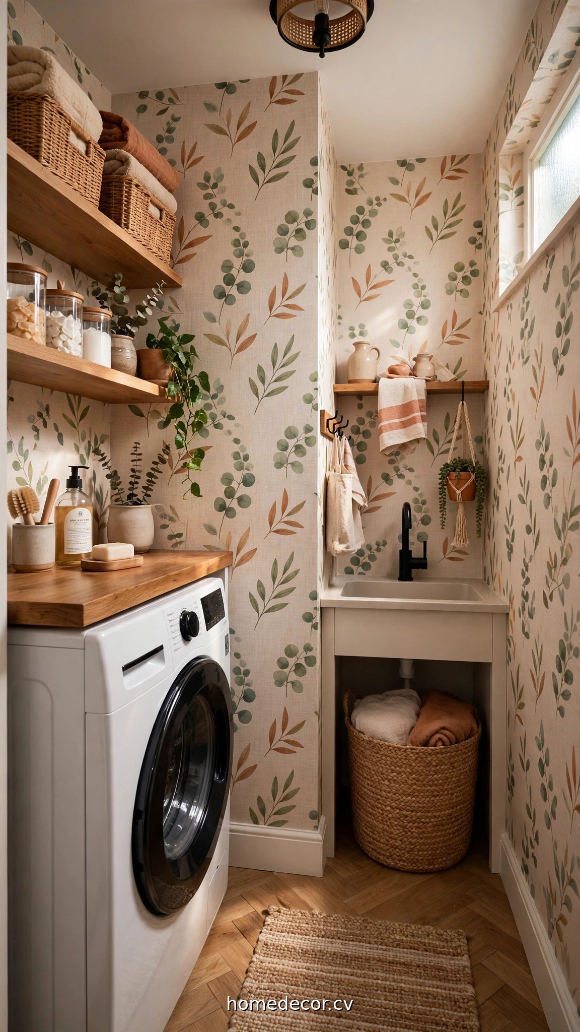 Peel and stick wallpaper in a small laundry room showing stylish laundry room ideas