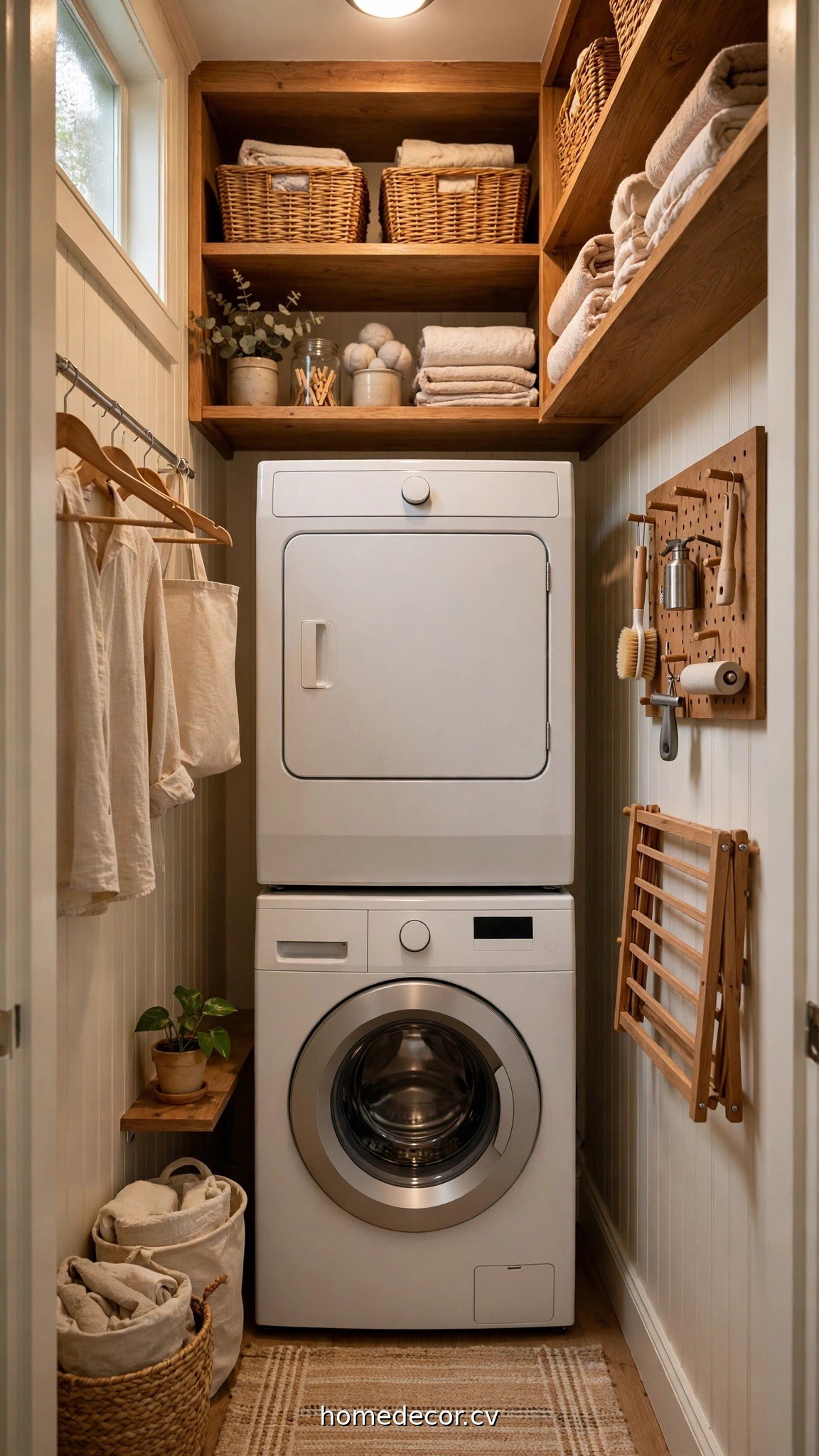 Stacked washer dryer in a narrow laundry closet showing laundry room ideas for small spaces