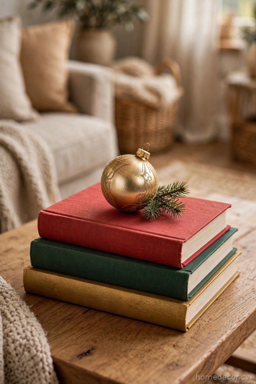 Stack Festive Books With a Small Ornament on Top