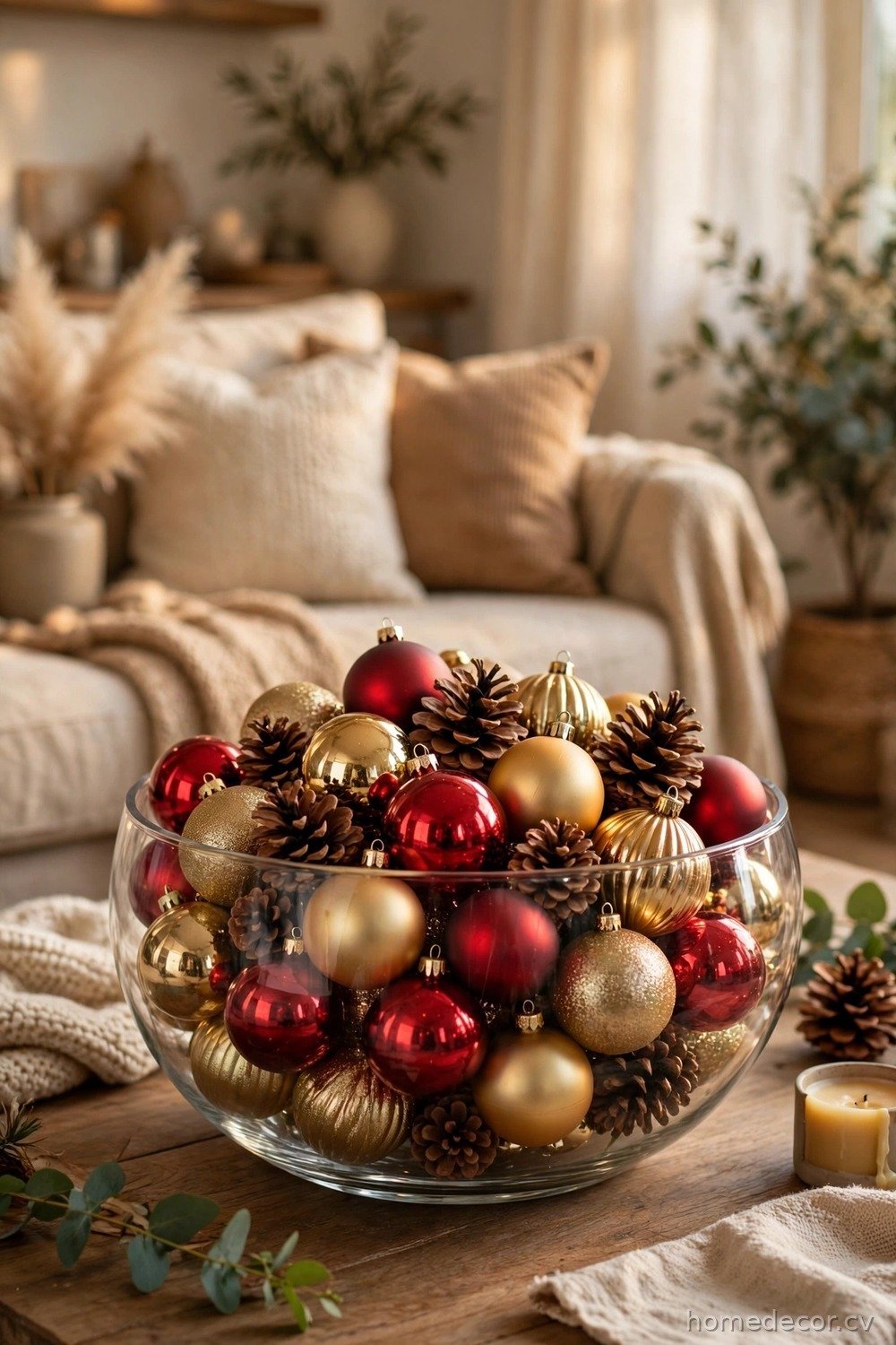 Fill a Bowl With Ornaments and Pinecones