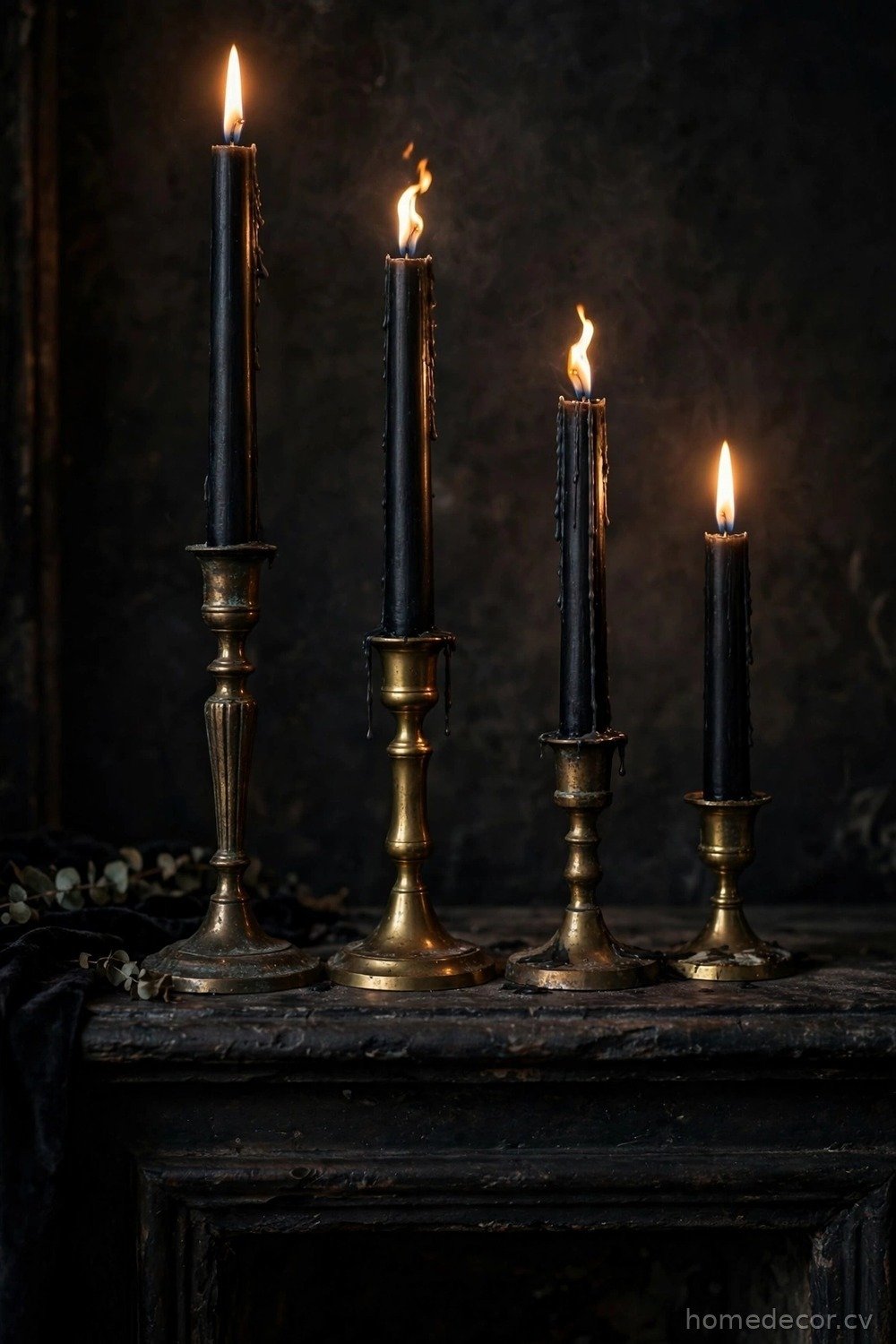 Black Taper Candles in Brass Holders