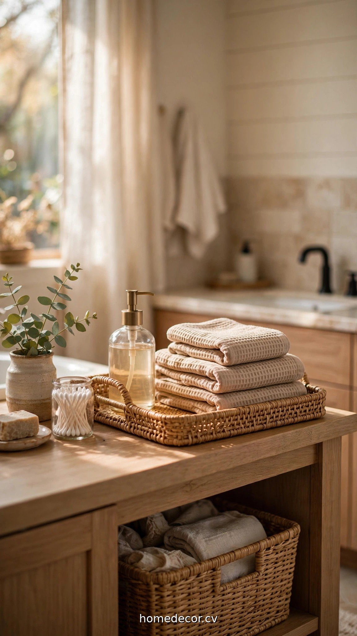 Bathroom counter with a woven tray holding soap dispenser and folded towels