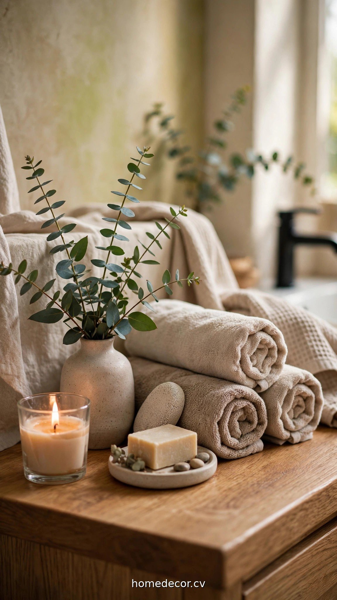 Spa-like bathroom counter with eucalyptus sprig, candle and rolled towels