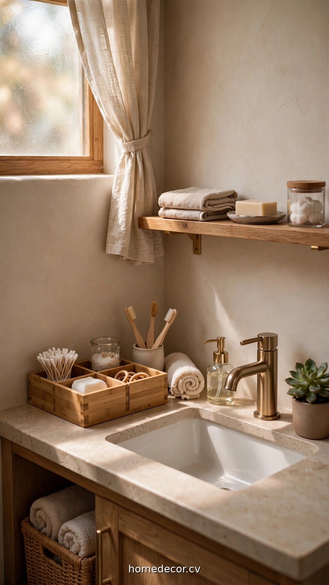 Small bathroom counter with wall-mounted shelf and compact organizer