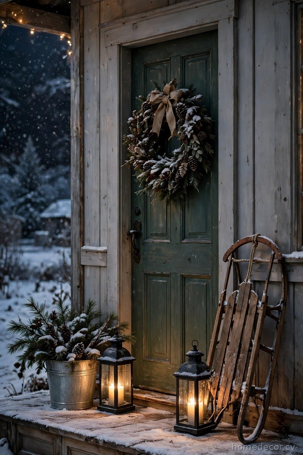 Front Porch with Lanterns and a Wooden Sled