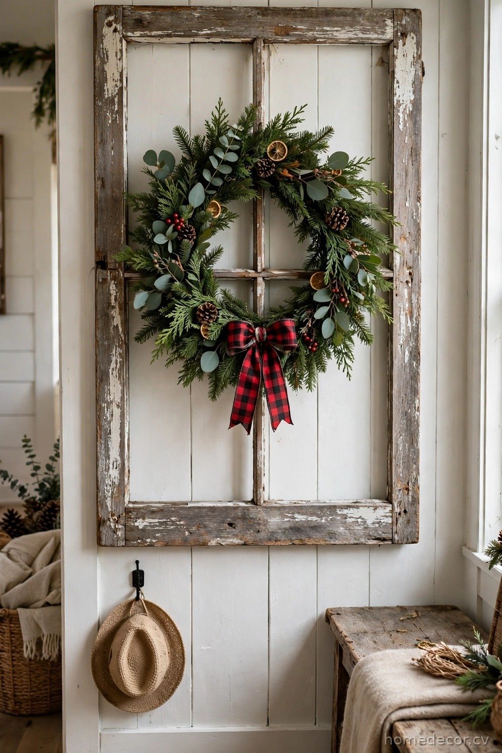 Rustic Window Frame Wreath Display