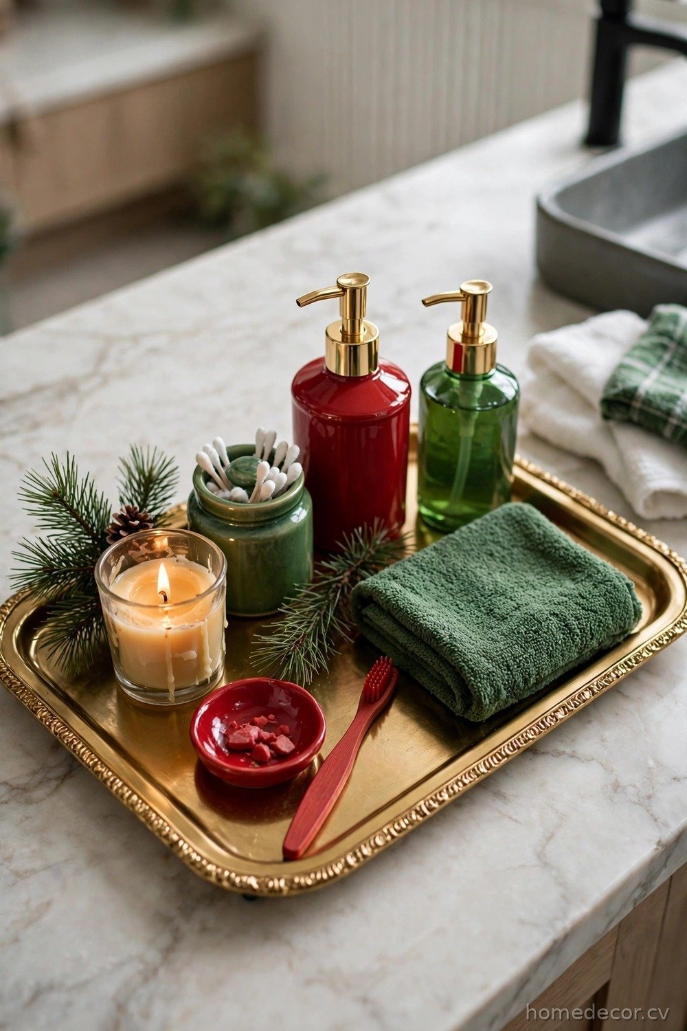 Red and Green Vanity Tray Styling