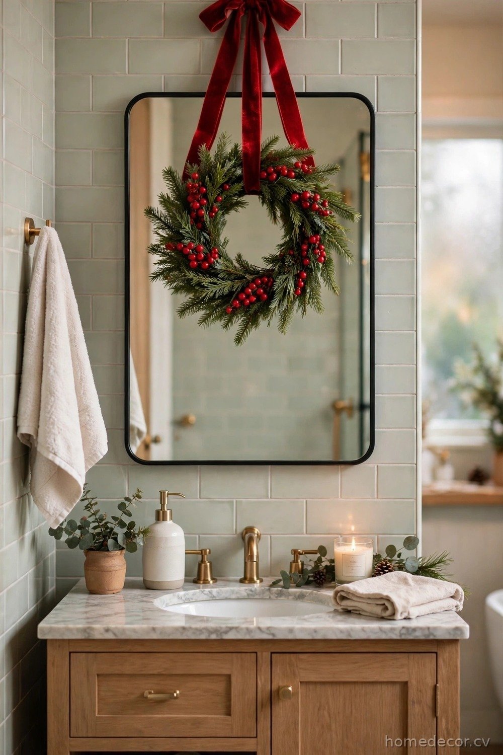 Evergreen Wreath Over the Mirror