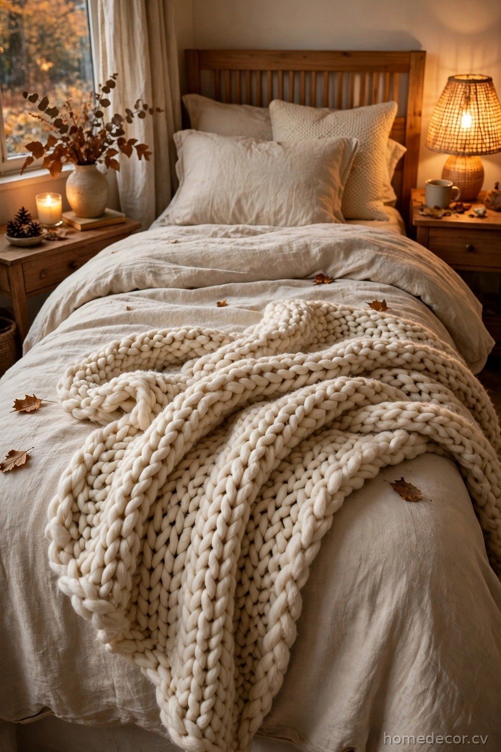 Chunky Knit Throw at the Foot of the Bed