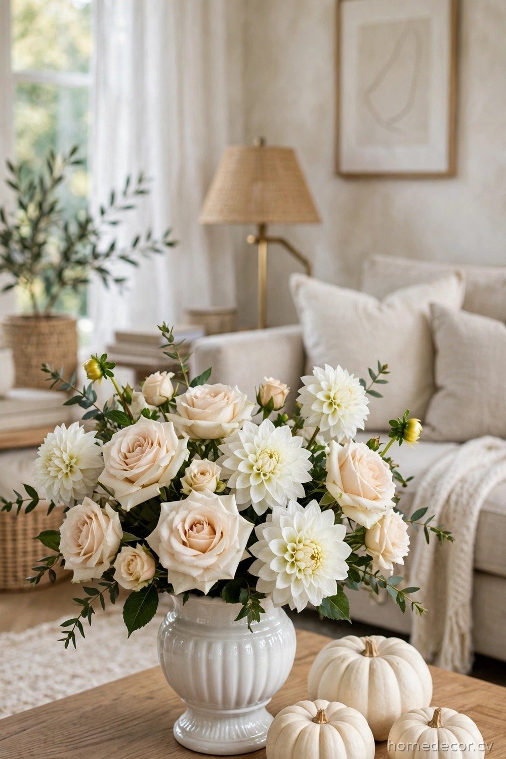 White Pumpkin and Cream Rose Arrangement