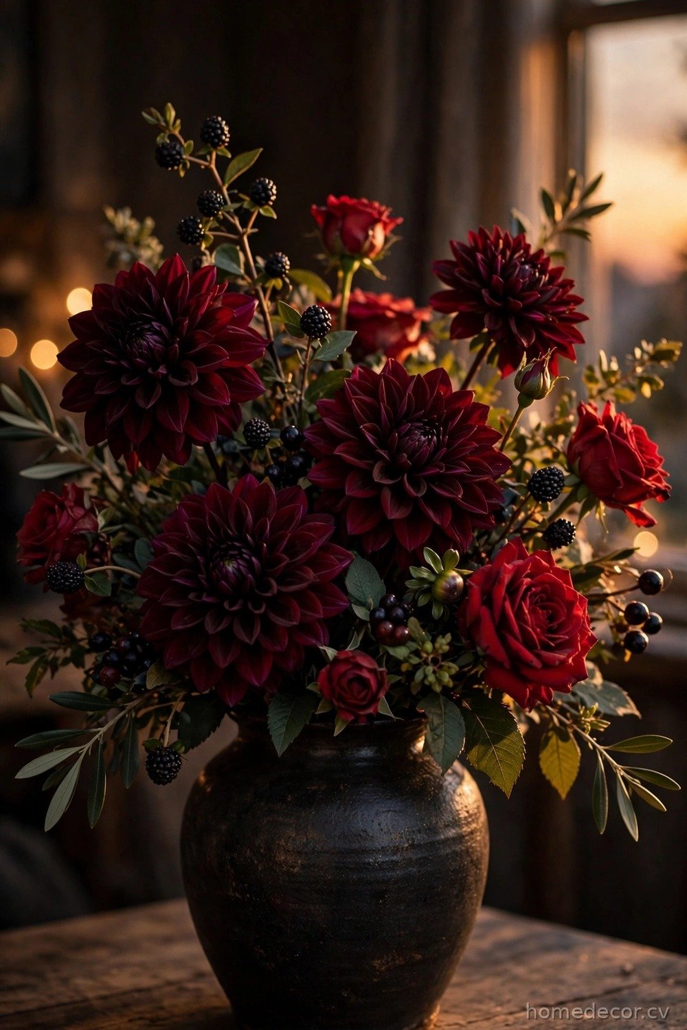 Burgundy Dahlia and Berry Arrangement
