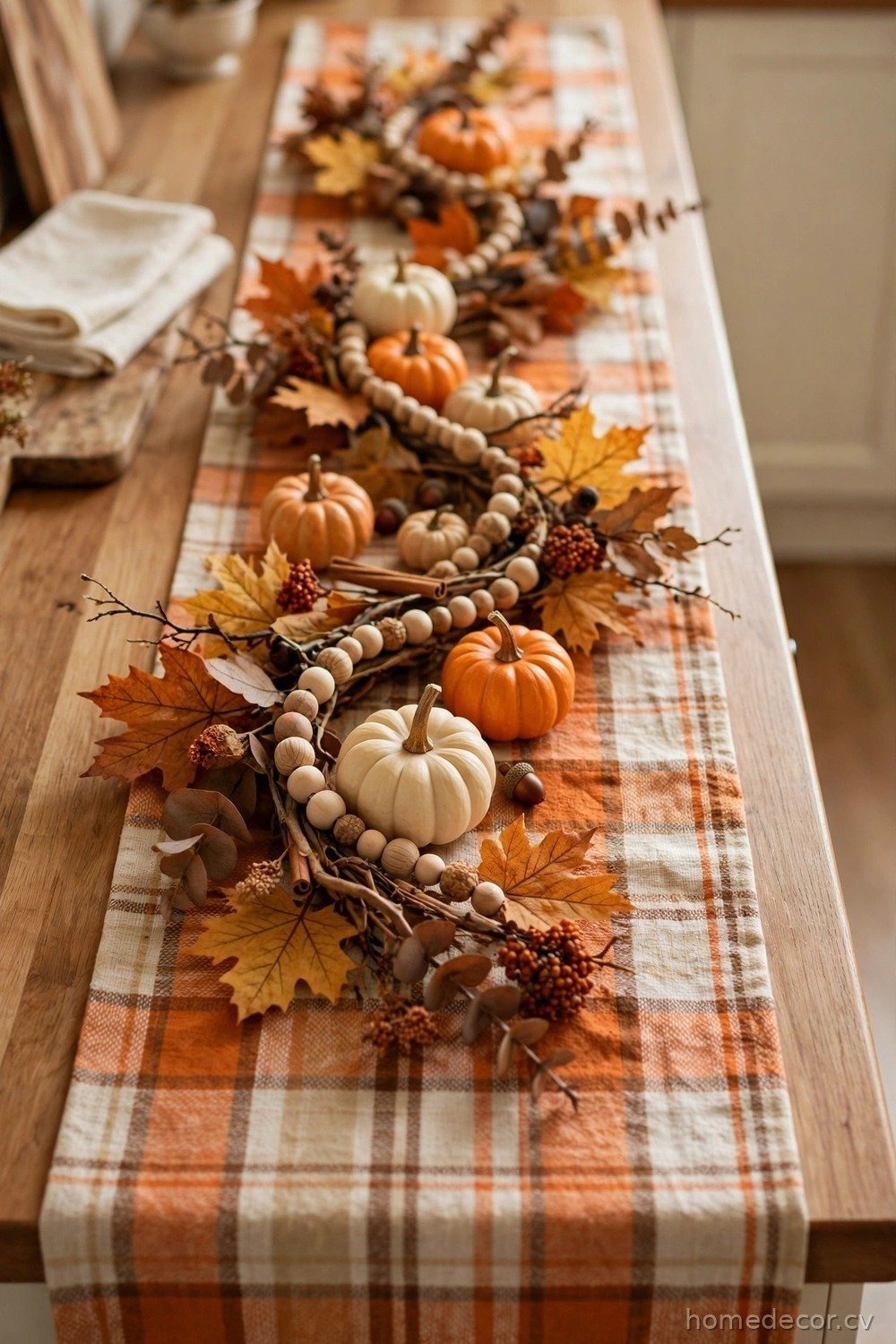 Plaid Runner, Garland and Wooden Beads
