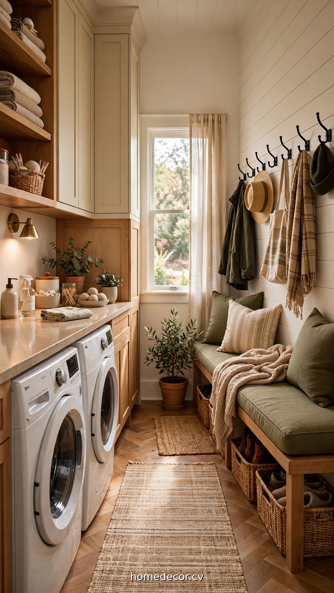 Mudroom laundry room with washer dryer counter on one wall and bench with hooks opposite