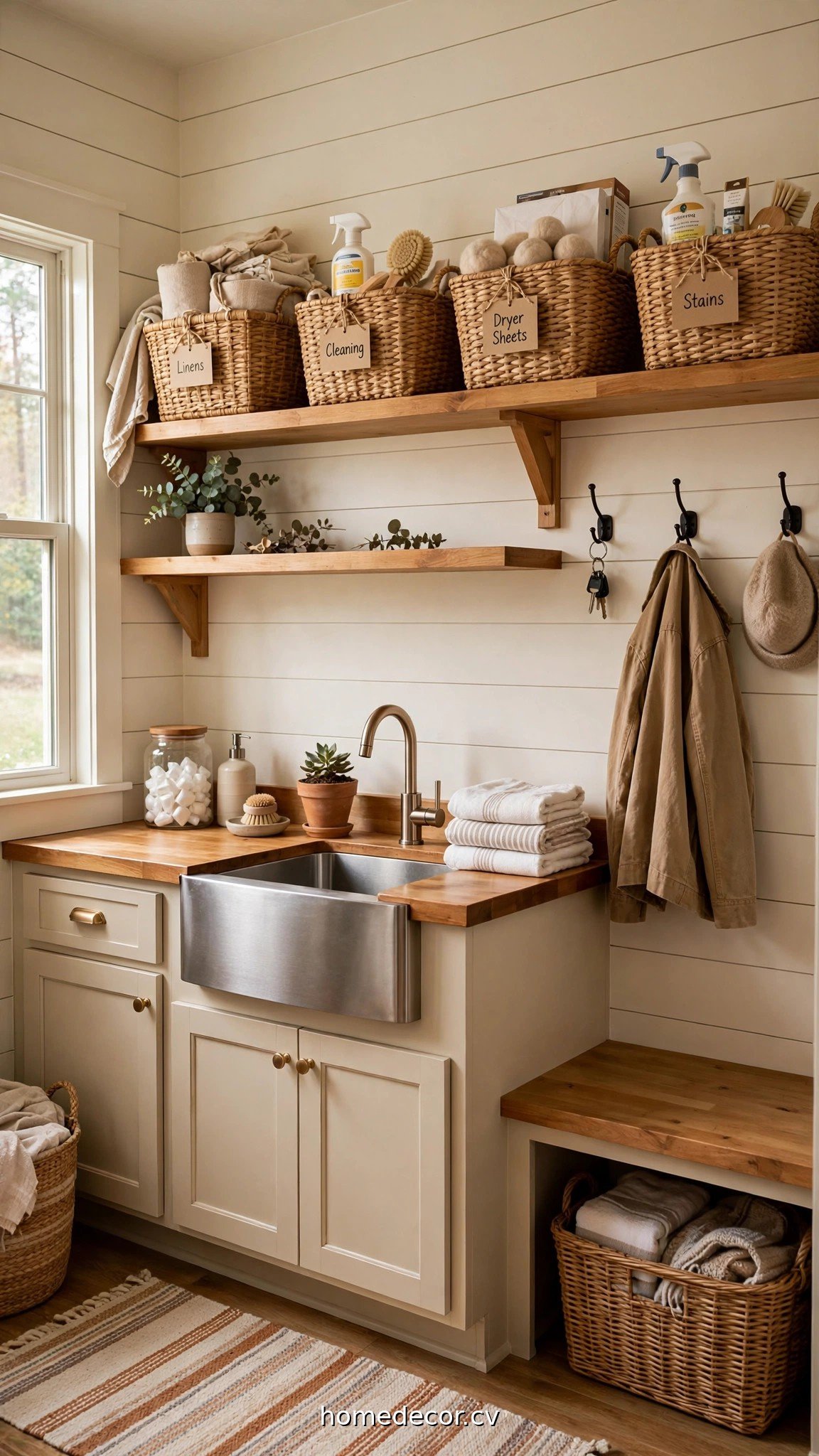 Open shelves with labeled baskets above a mudroom laundry room counter