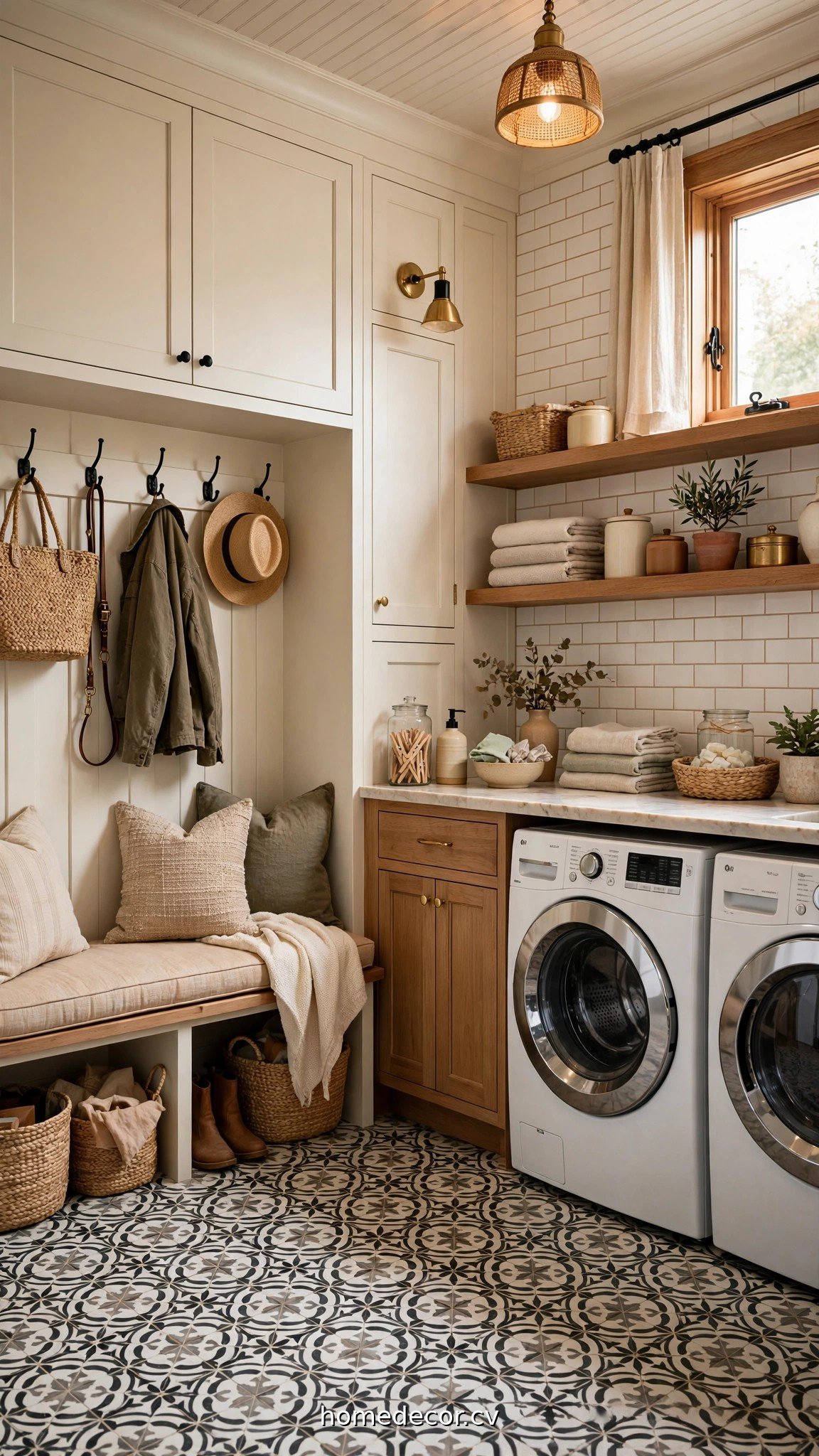Bright mudroom laundry combo with patterned tile floor and styled counter