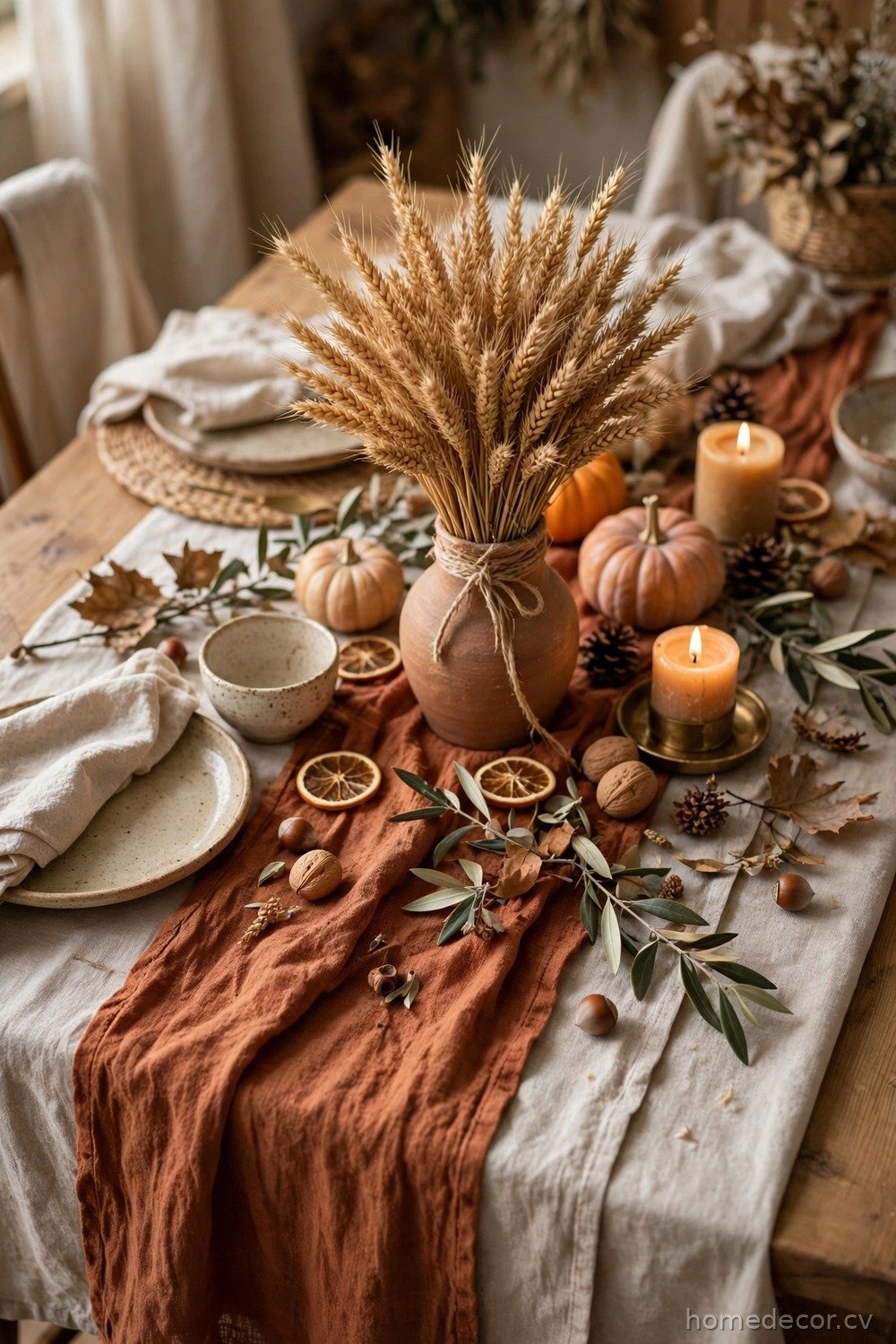 Layered Linen and Wheat Bundle Table