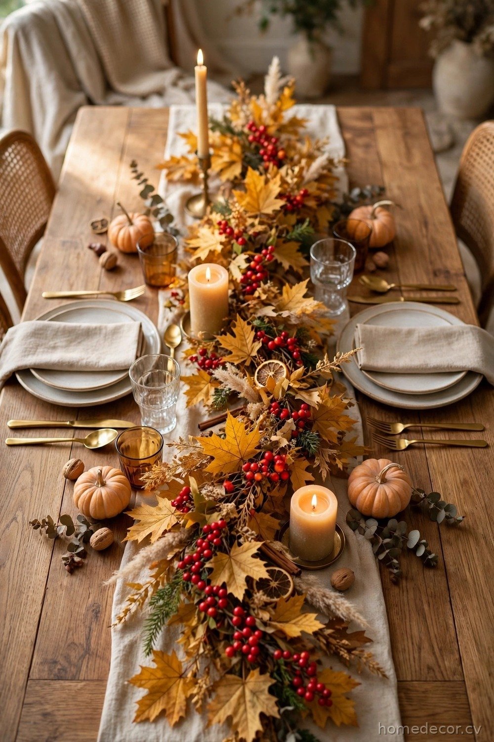 Golden Leaf and Berry Table Runner