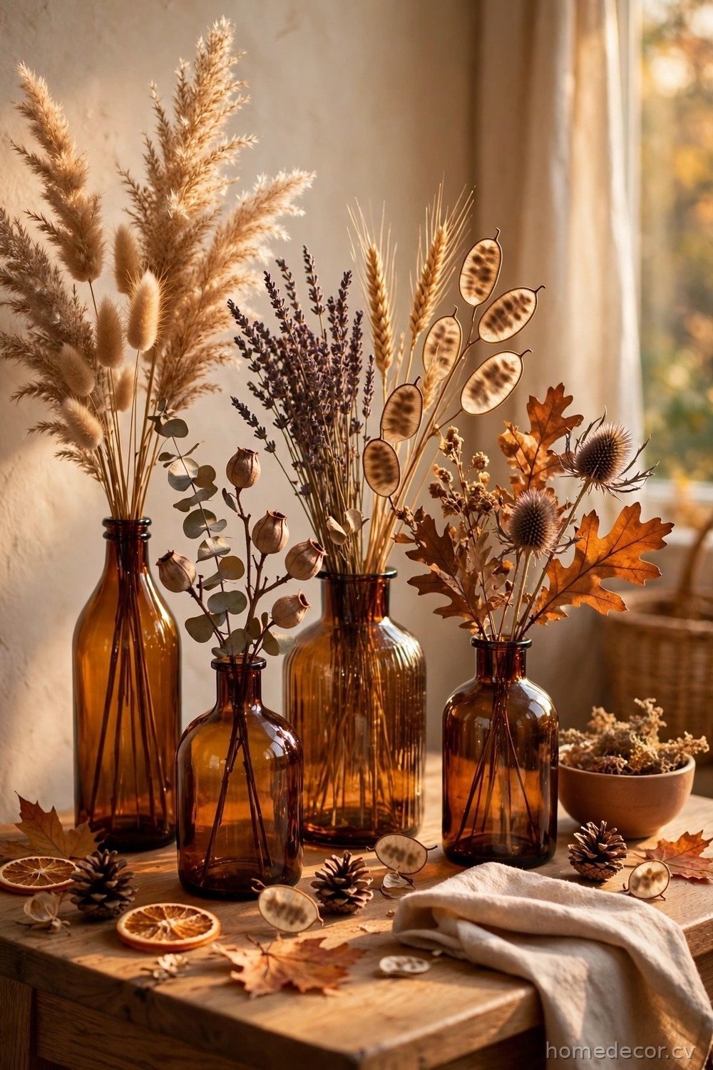 Amber Glass and Dried Flower Display