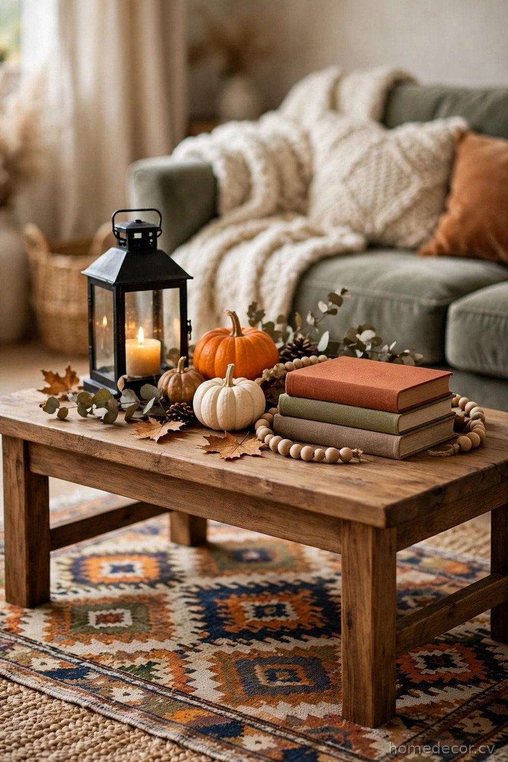 Layered Rug and Lantern Coffee Table Scene