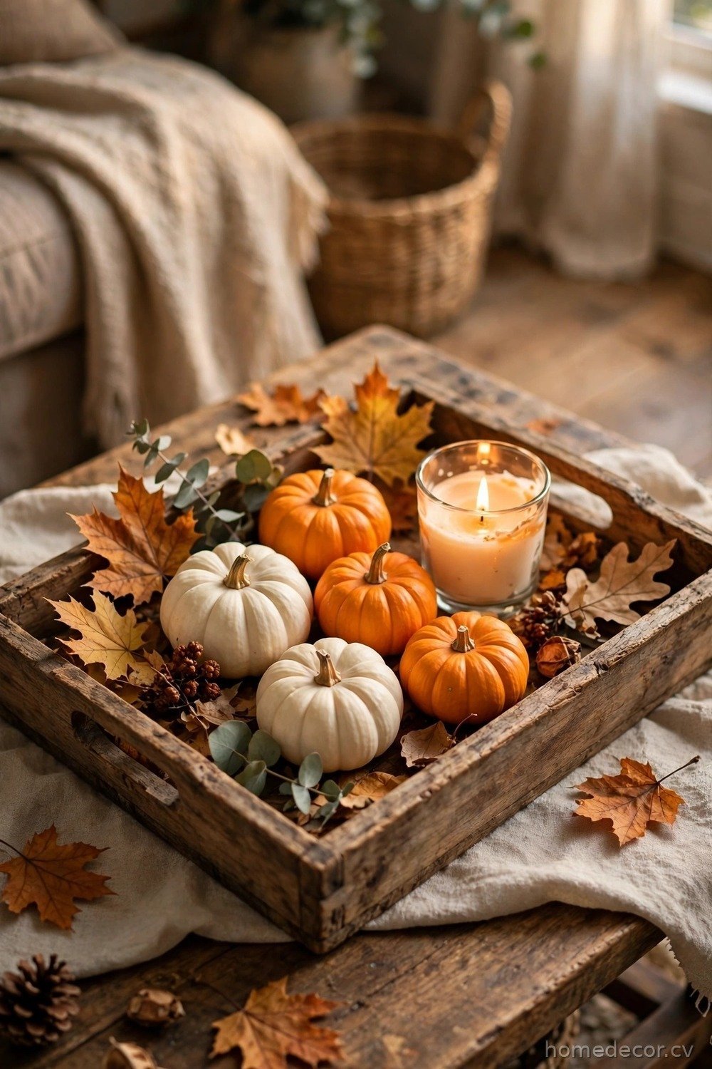 Rustic Wood Tray with Mini Pumpkins