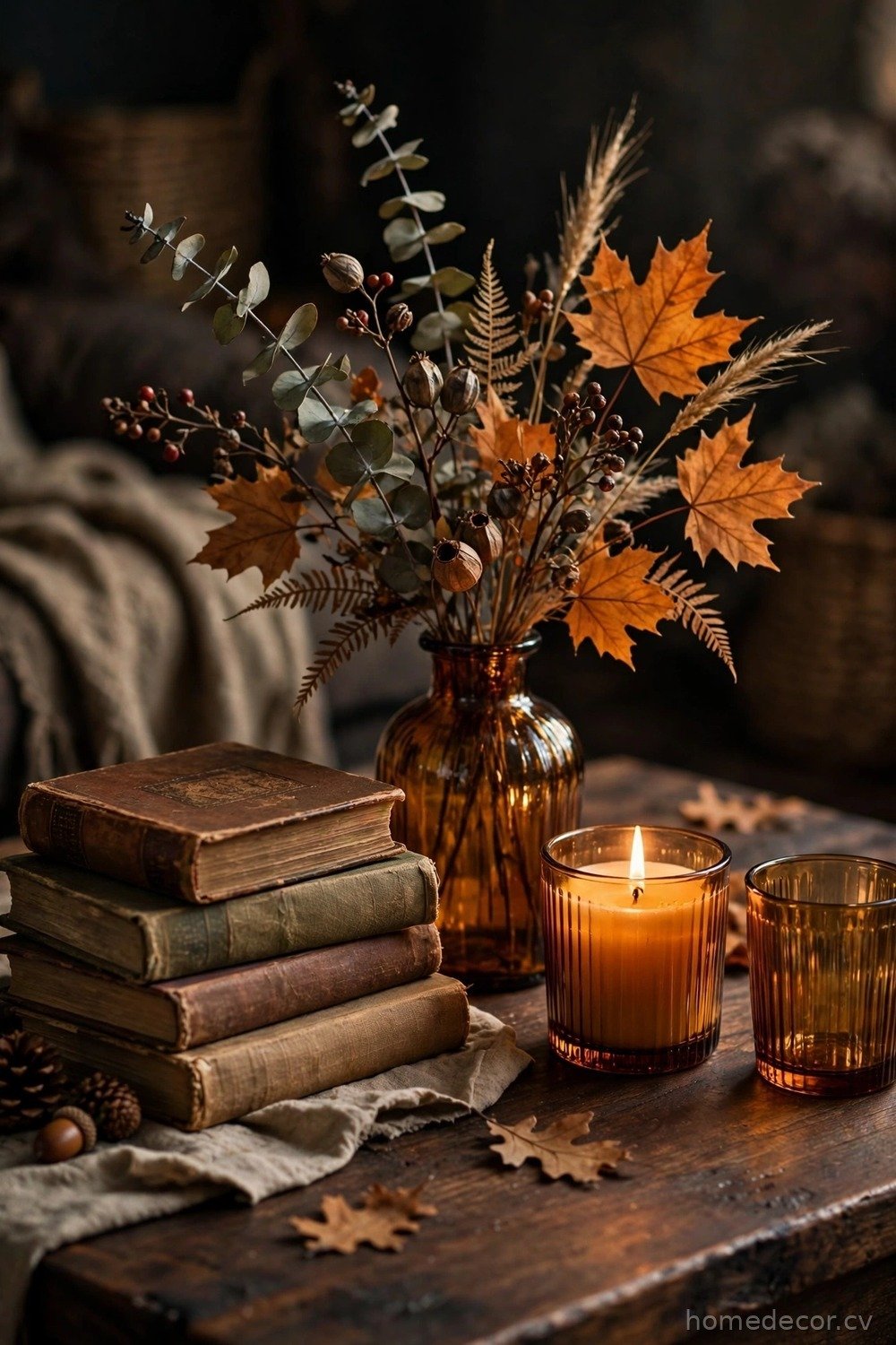 Vintage Books and Amber Glass Decor