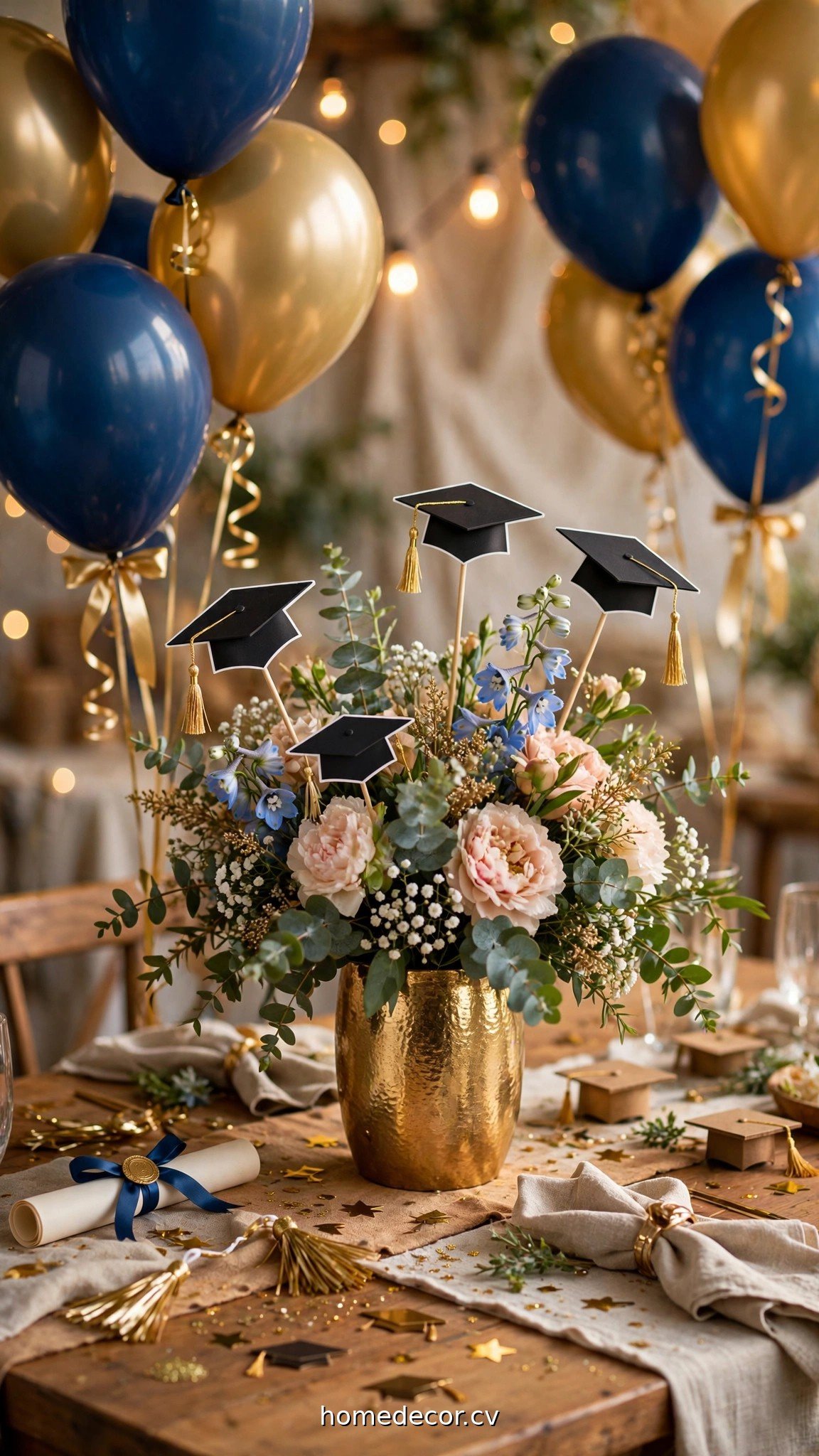 Graduation party table centerpiece with cap toppers, gold vase and school-color balloons