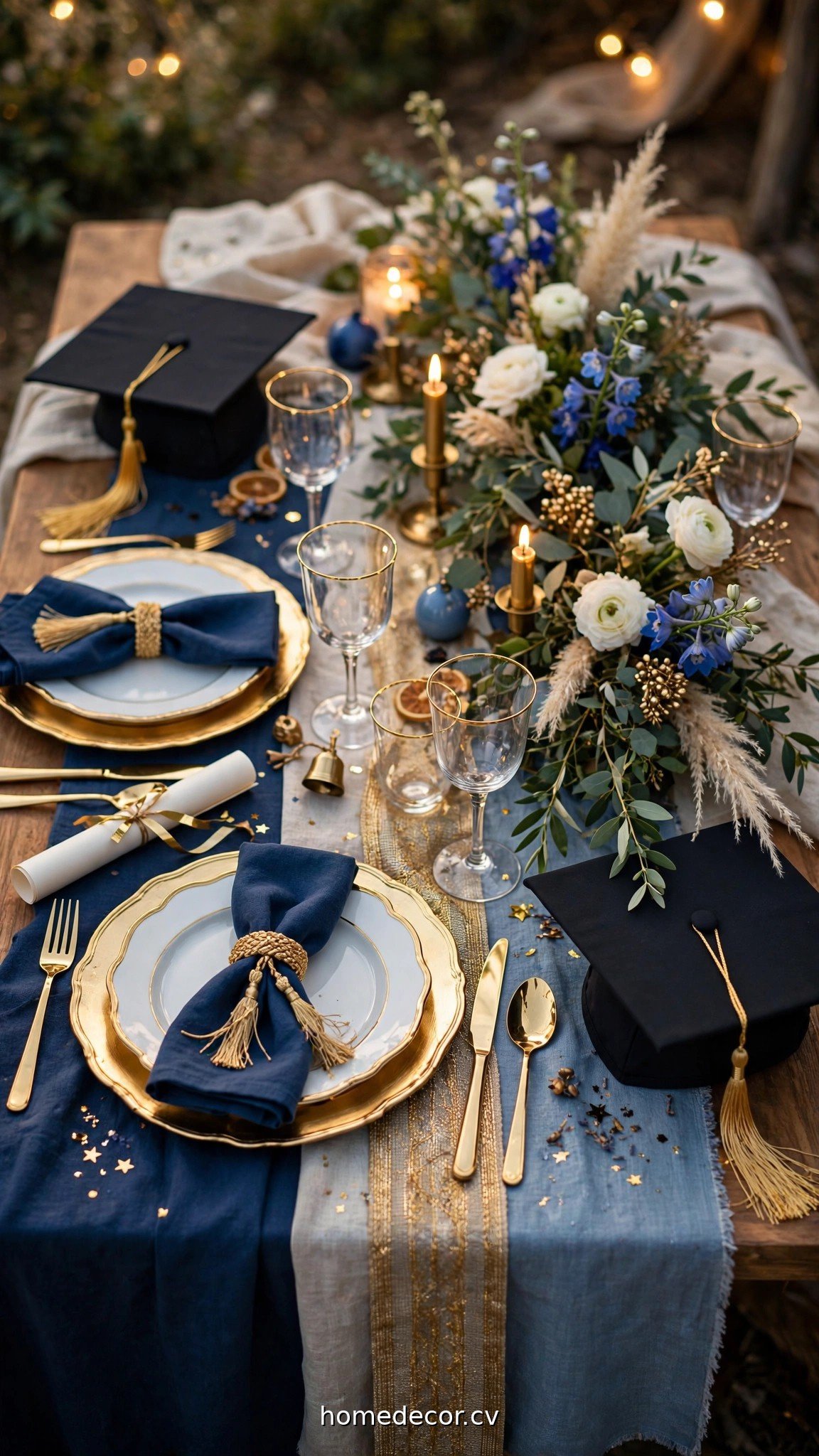 Graduation tablescape with layered linens in school colors and gold accents