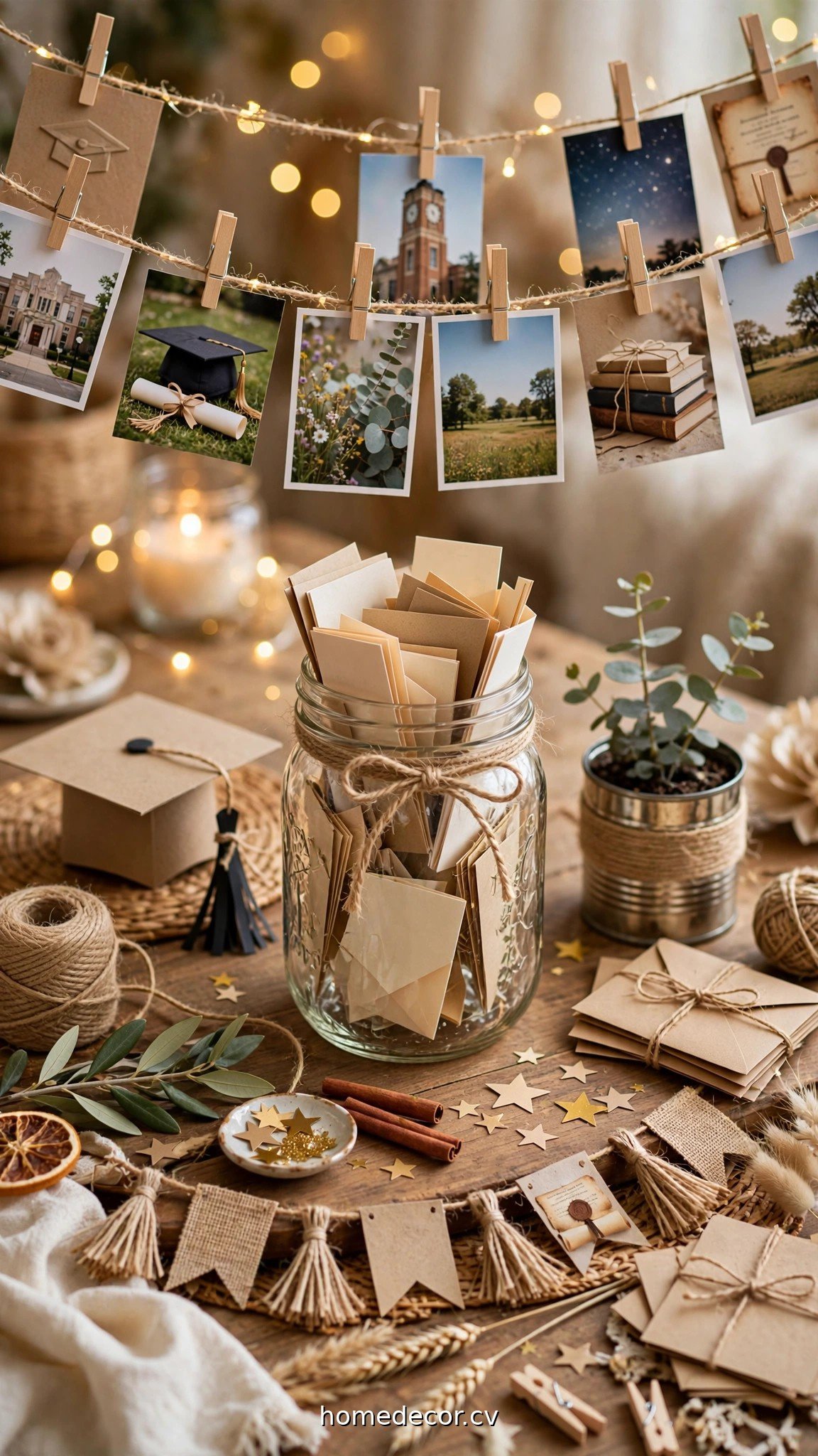 DIY graduation table details with photo garland and memory jar