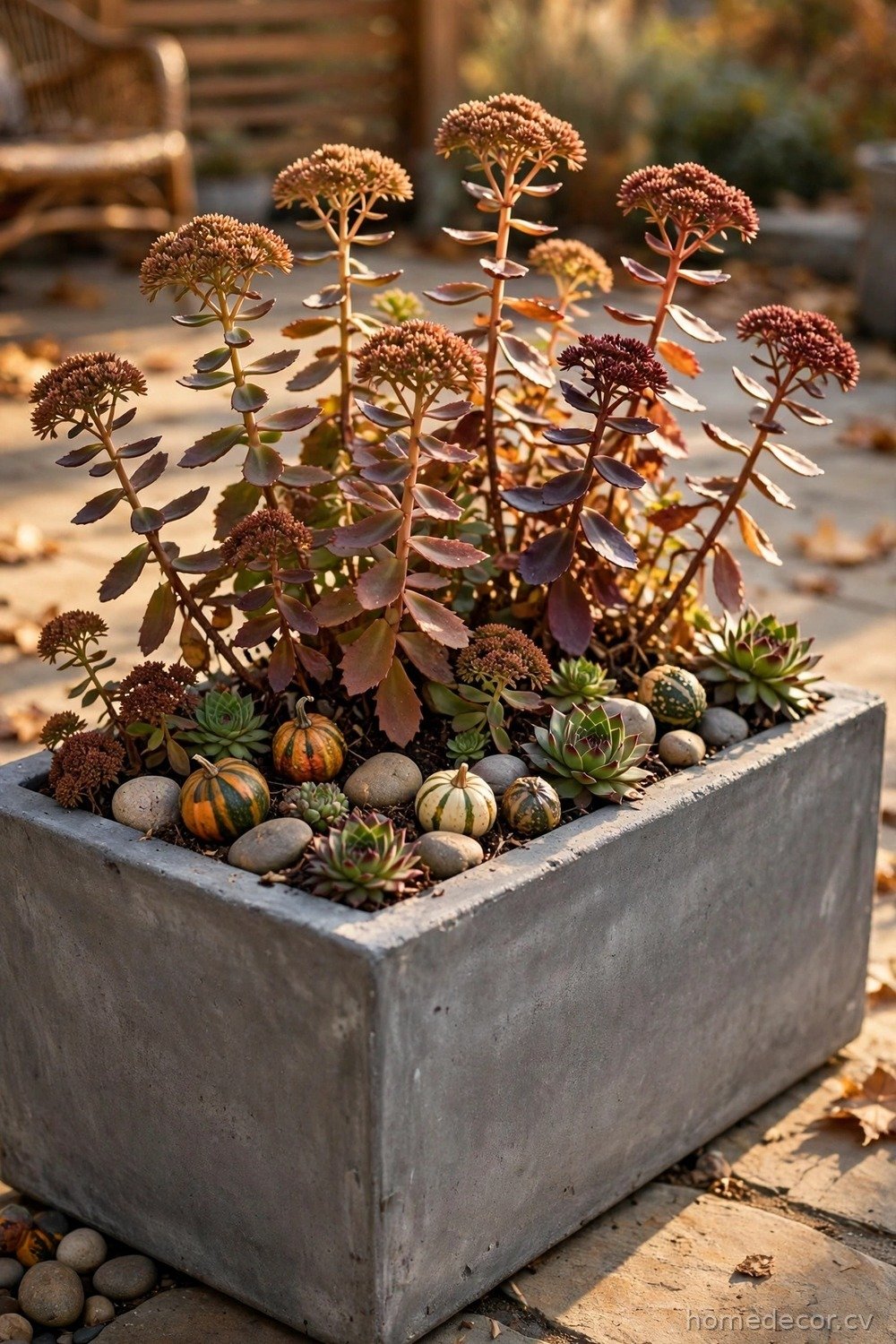 Concrete Planter with Sedum and Mini Gourds