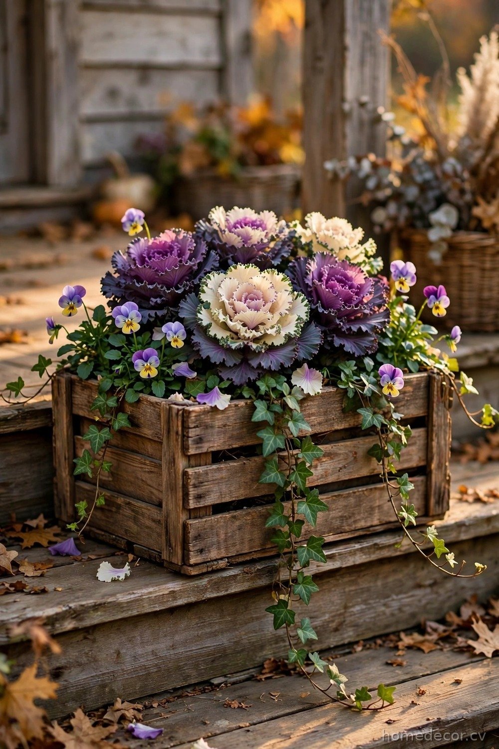 Rustic Wooden Crate Planter with Ornamental Kale