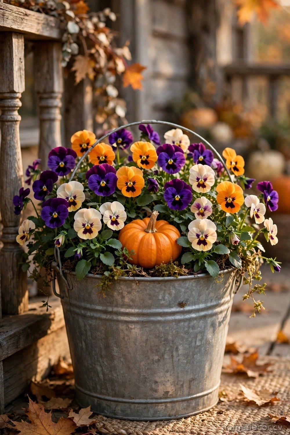 Galvanized Metal Bucket Planter with Pansies